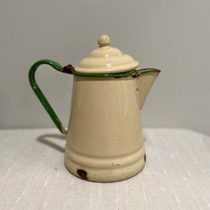VINTAGE Cream & Green Enamel Coffee Pitcher